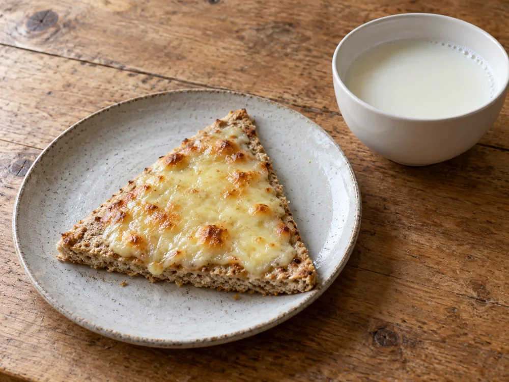 Browned melted cheese on a triangular oatcake beside a bowl of milk - Dunlop cheese | KnowTheCheese