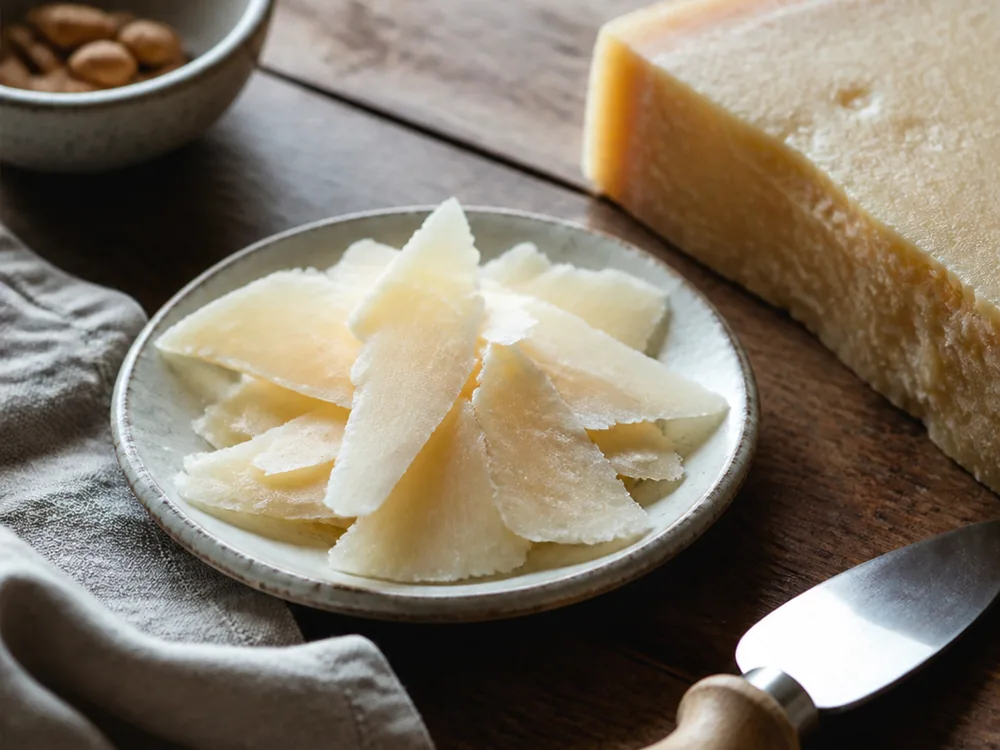Thin shavings of Dura cheese on a plate beside a wedge and cheese knife - Dura cheese | KnowTheCheese