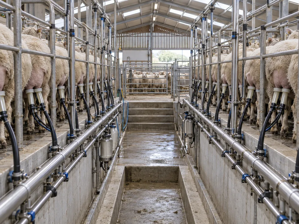 Rows of ewes standing in a parallel milking parlour on either side of a central pit, with a pen of waiting sheep at the back - Dura cheese | KnowTheCheese