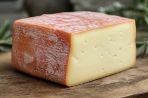 Wedge of Durrus cheese with a mottled pink-orange washed rind - Durrus cheese | KnowTheCheese