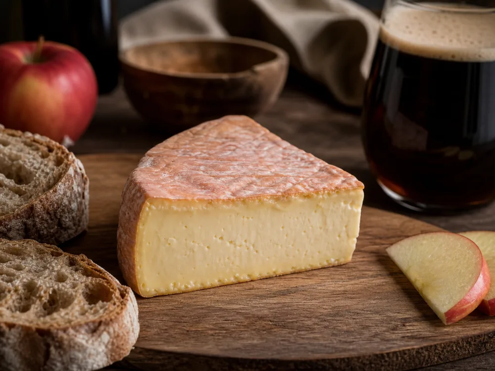 Wedge of Durrus cheese served with bread apple and dark ale - Durrus cheese | KnowTheCheese