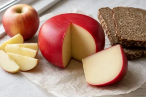 Cut red-waxed Edam wheel with smooth pale paste - Edam Cheese | KnowTheCheese