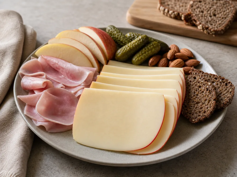 Edam slices with fruit ham and rye bread - Edam Cheese | KnowTheCheese