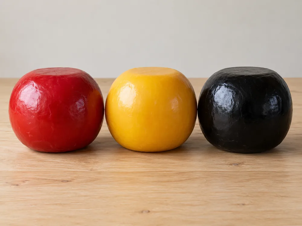 Three whole Edam balls coated in red, yellow and black wax - Edam Cheese | KnowTheCheese