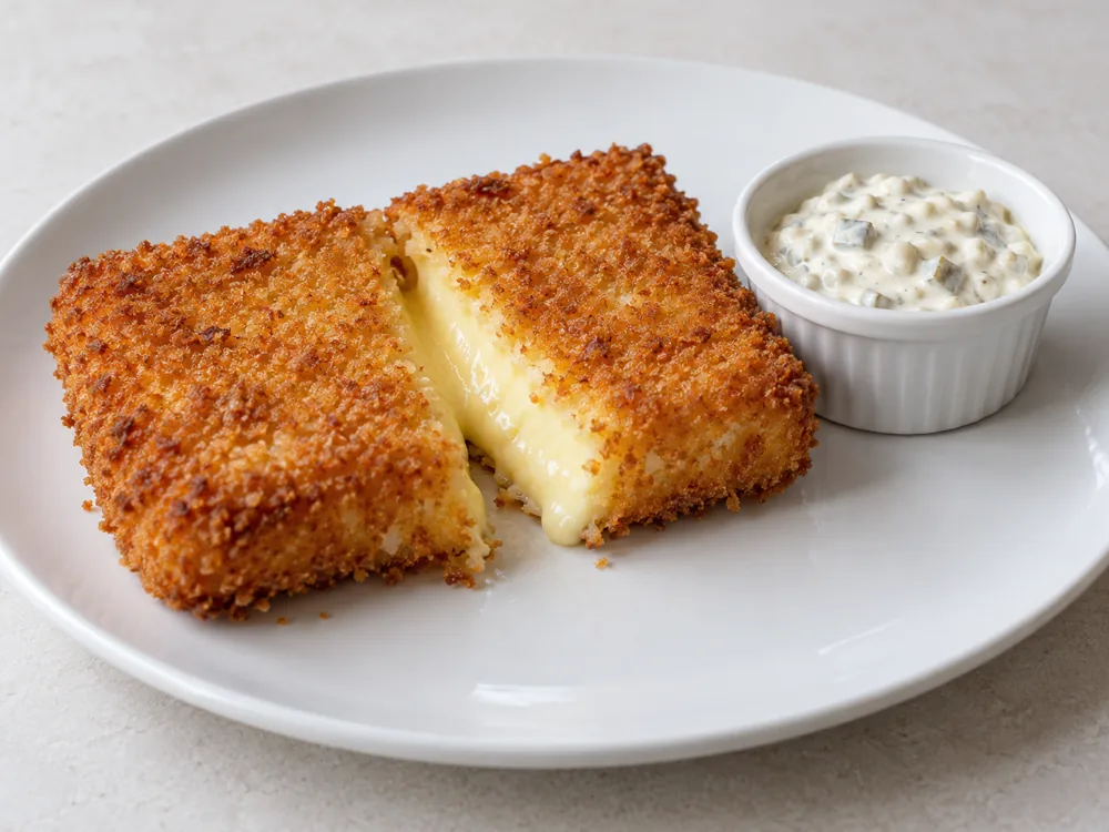 Breaded fried cheese cut open beside a small dish of tartar sauce - Edam Cheese | KnowTheCheese