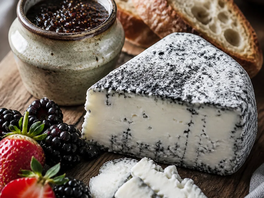 Wedge of Edith cheese on a board with fresh berries and crusty bread - Edith cheese | KnowTheCheese