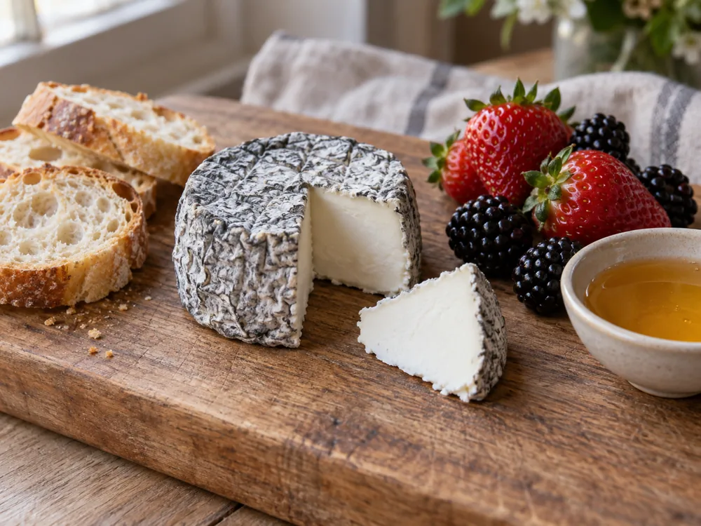 Ash-coated goat's cheese on a wooden board with sliced baguette, strawberries, blackberries and a bowl of honey - Edith cheese | KnowTheCheese