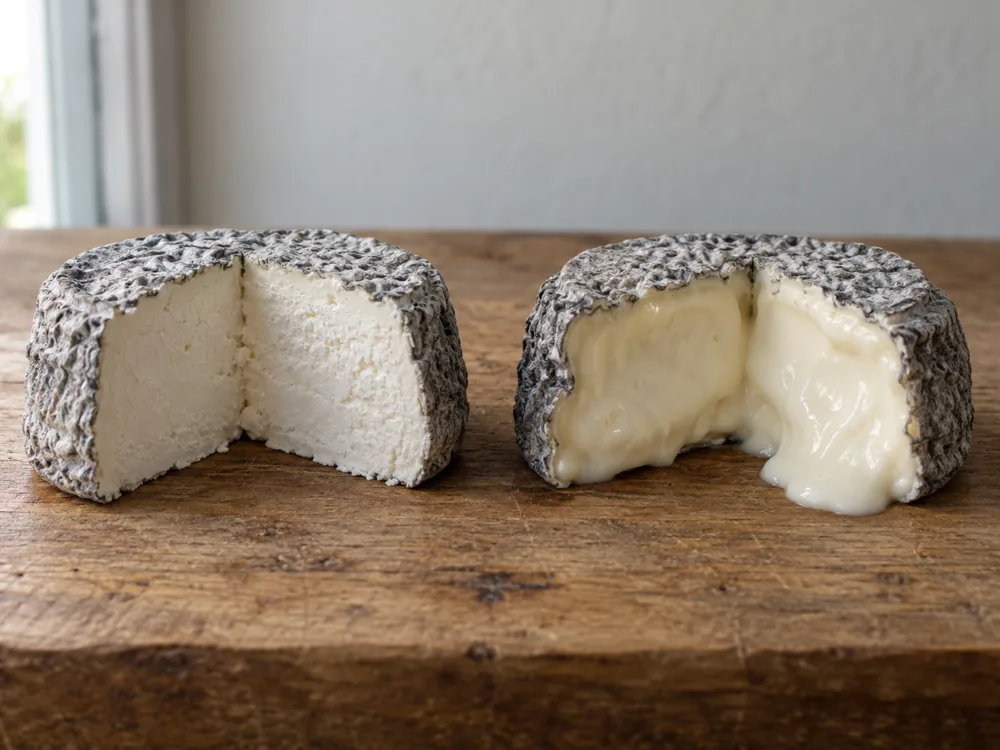 Two ash-coated goat's cheeses cut open, one with a firm chalky interior and one with a soft runny interior - Edith cheese | KnowTheCheese