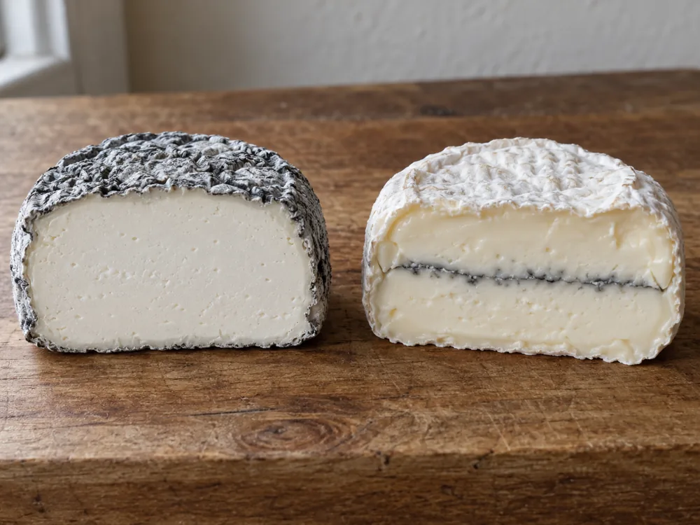 Two goat's cheeses cut in half, one with a grey ash-coated rind and plain white paste and one with a white rind and a thin dark ribbon of ash through the middle - Edith cheese | KnowTheCheese