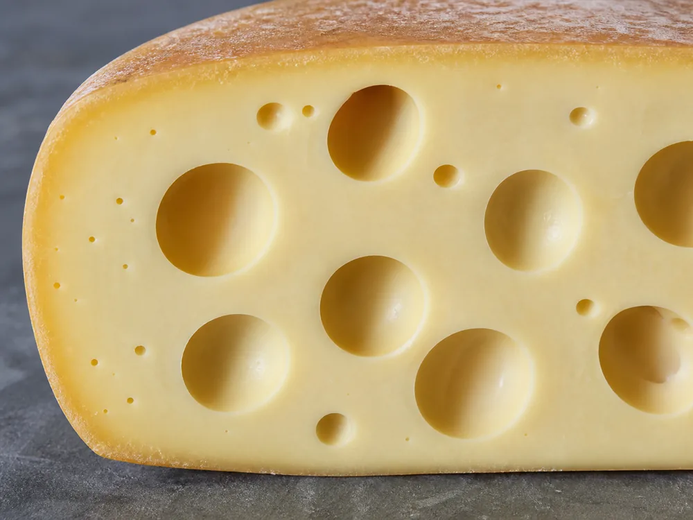 Emmental-style cross-section with varied rounded eyes and smooth internal walls - Emmental | KnowTheCheese