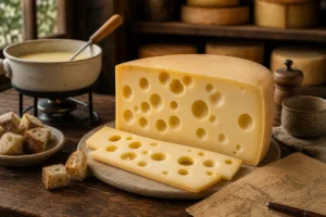 Emmental wedge with large round eyes, fondue, and bread cubes - Emmental cheese | KnowTheCheese