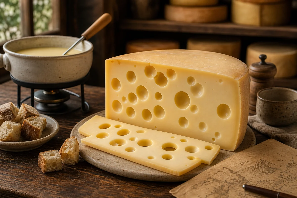 Emmental wedge with large round eyes, fondue, and bread cubes - Emmental cheese | KnowTheCheese