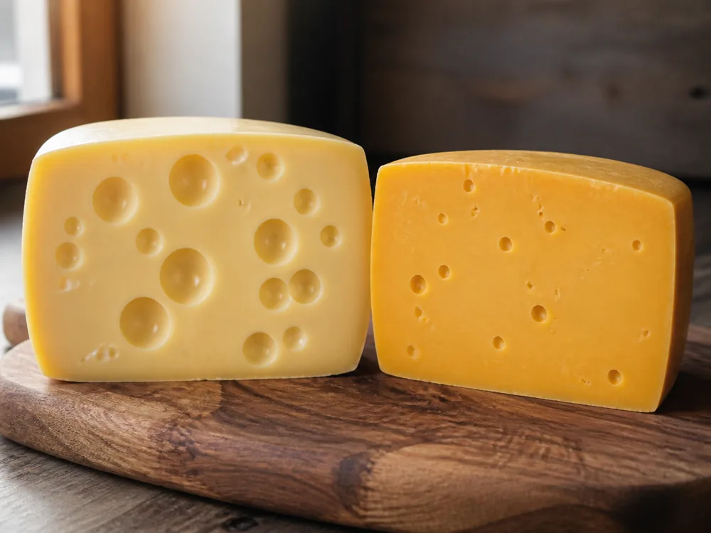 A pale young Emmental cut face with large eyes beside a deeper gold aged one with smaller eyes - Emmental | KnowTheCheese