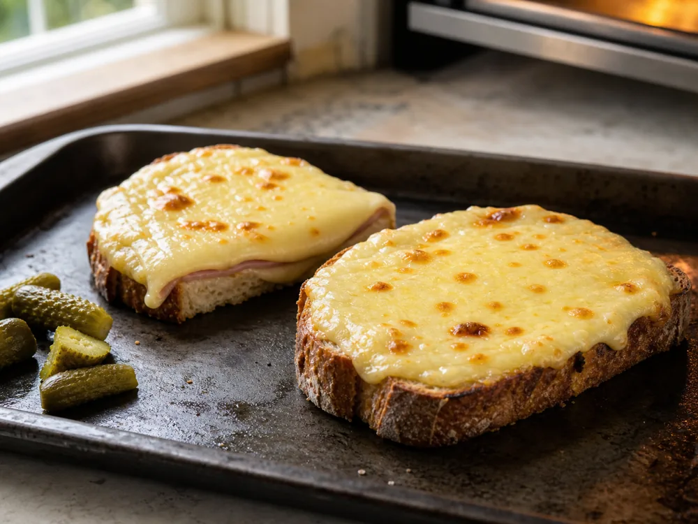 Emmental-style cheese melted evenly over rustic toast on a sheet pan - Emmental | KnowTheCheese