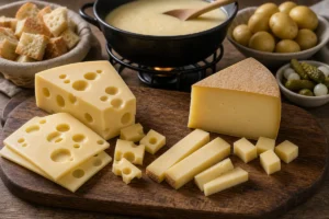 Emmental with holes and Gruyere wedge beside fondue.