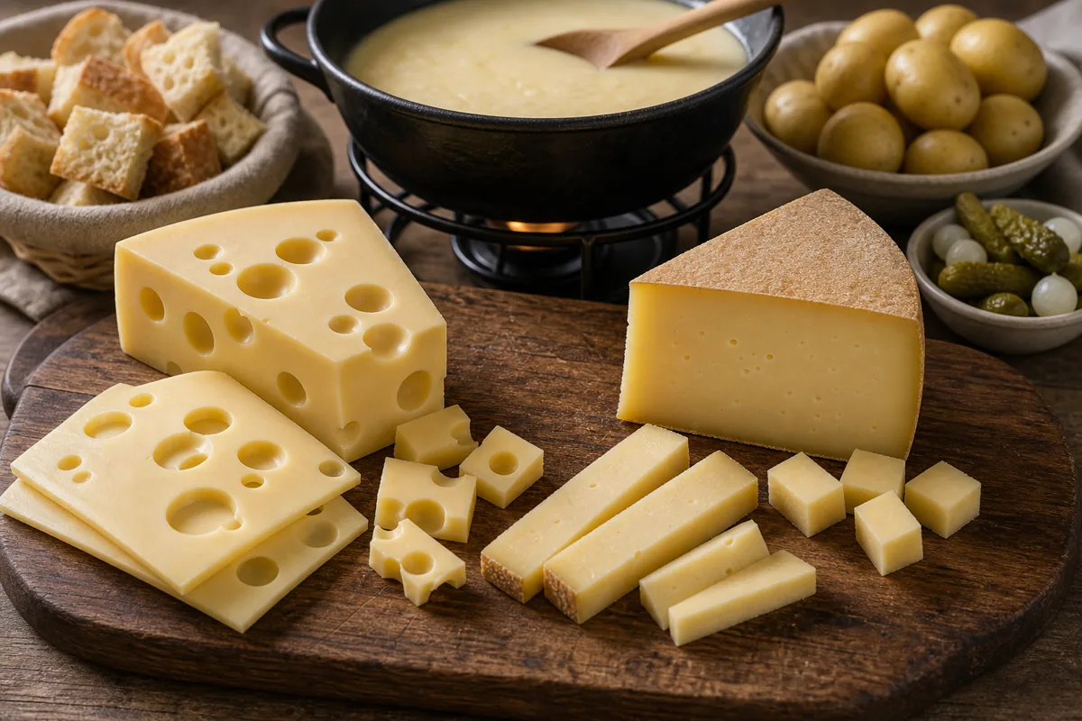 Emmental with holes and Gruyere wedge beside fondue.
