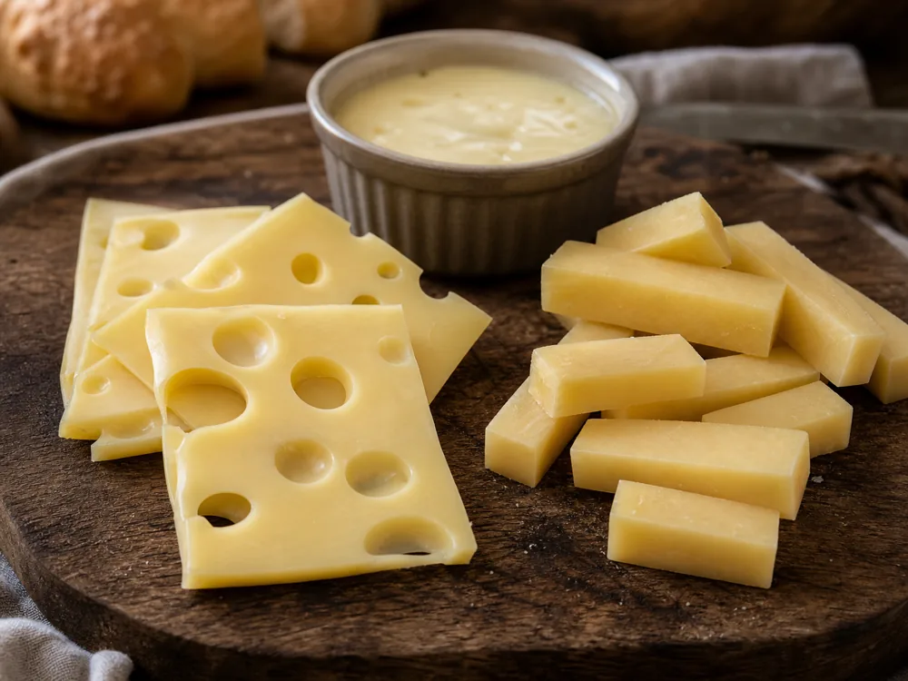 Holey Emmental slices beside dense Gruyere batons - Emmental vs Gruyere | KnowTheCheese