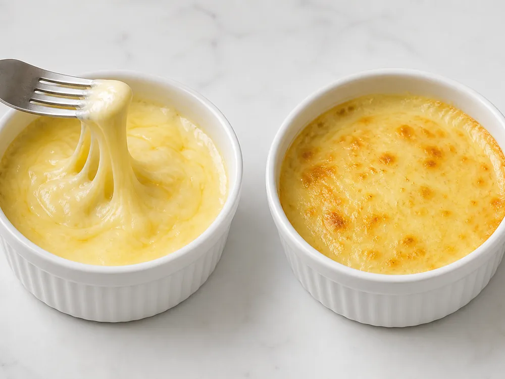 Pale elastic Emmental melt beside browned Gruyere melt - Emmental vs Gruyere | KnowTheCheese