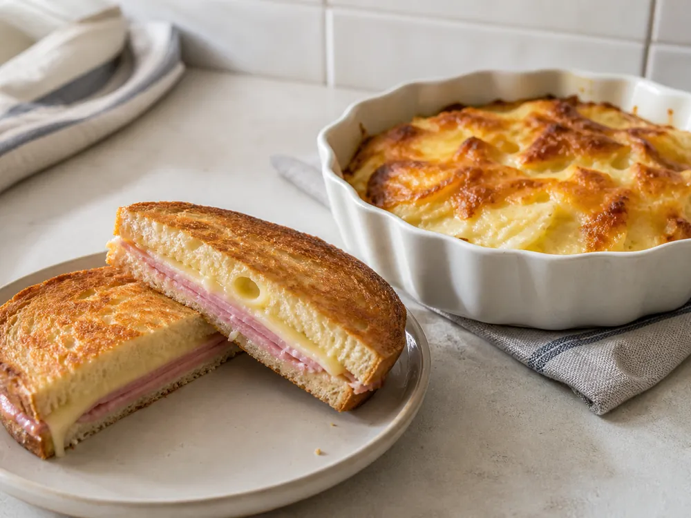 Emmental ham sandwich beside a Gruyere-topped potato gratin - Emmental vs Gruyere | KnowTheCheese
