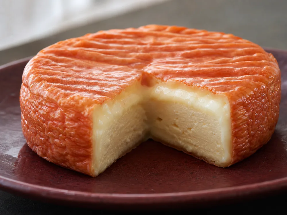 Cut Epoisses wheel with an orange washed rind and creamy pale center - Epoisses | KnowTheCheese