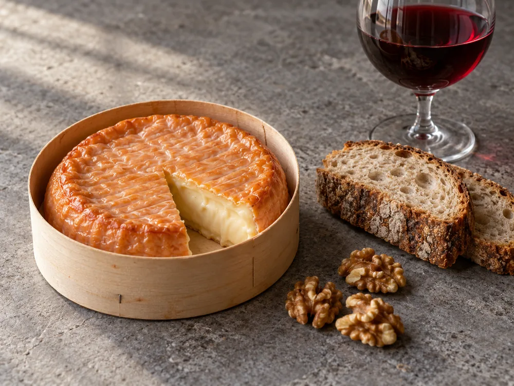 Epoisses in a wooden box beside country bread, walnuts and a glass of red wine - Epoisses | KnowTheCheese