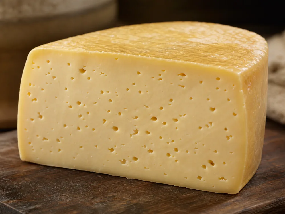 Close-up of the small irregular holes in a slice of Esrom cheese - Esrom cheese | KnowTheCheese