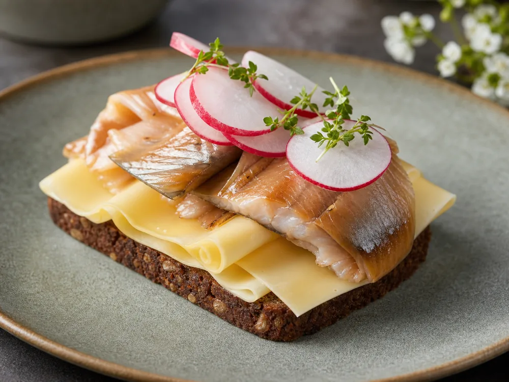Sliced Esrom cheese on dark rye bread with smoked fish - Esrom cheese | KnowTheCheese