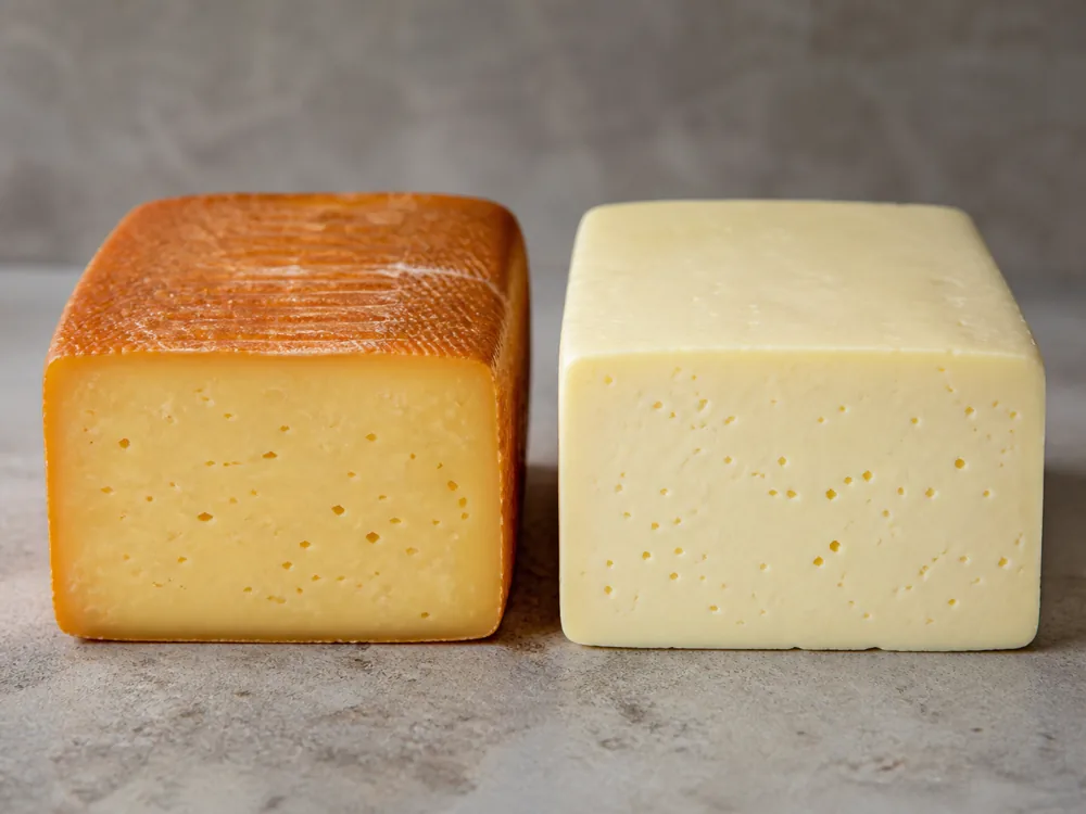 Esrom cheese with washed rind beside a rindless Havarti block for comparison - Esrom cheese | KnowTheCheese