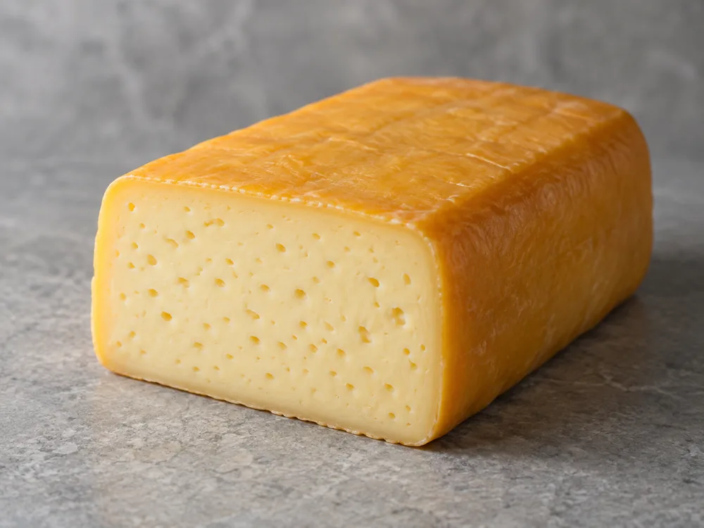 Cut end of a rectangular Esrom loaf showing small holes in a pale paste - Esrom cheese | KnowTheCheese