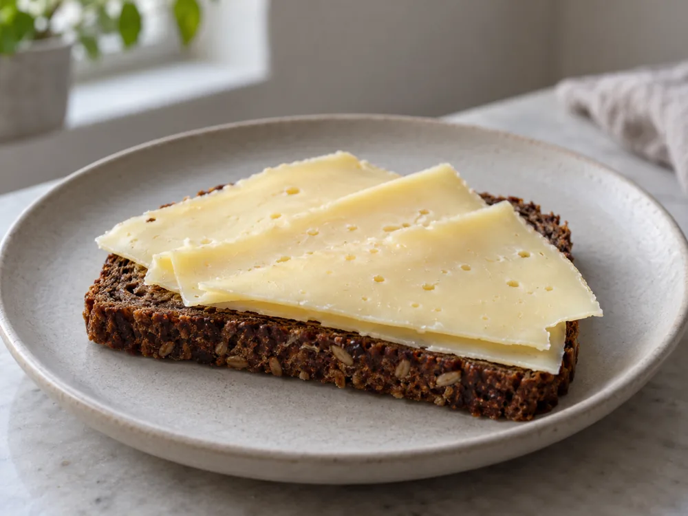 Thin cheese slices on a slice of dark rye bread - Esrom cheese | KnowTheCheese