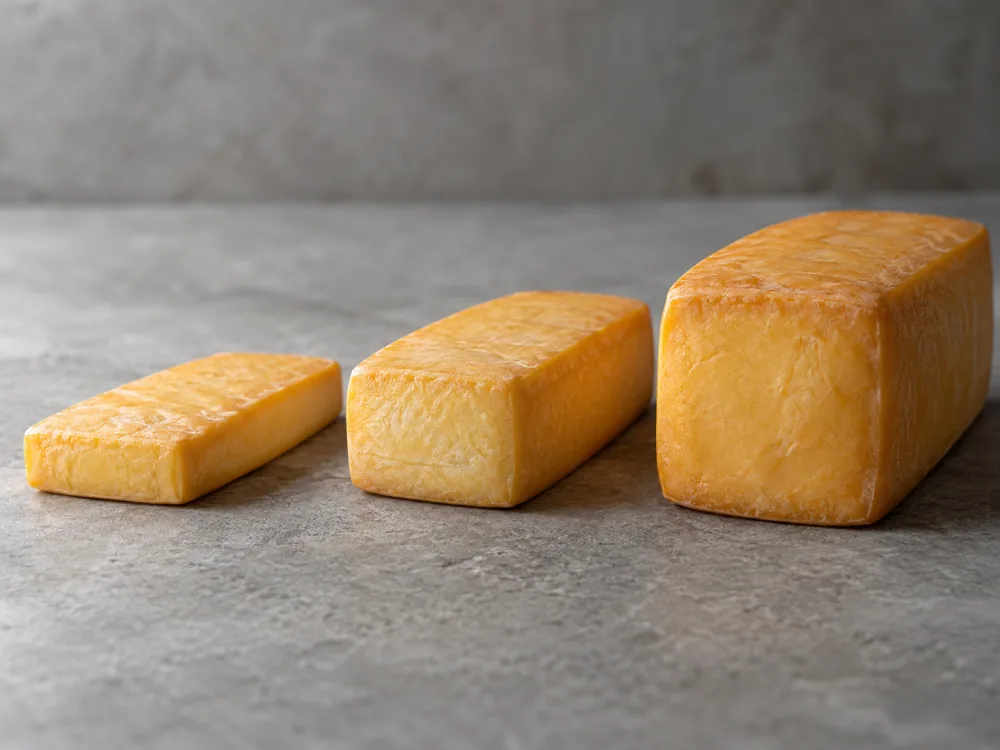 Three rectangular cheese loaves in small, medium and large sizes in a row - Esrom cheese | KnowTheCheese