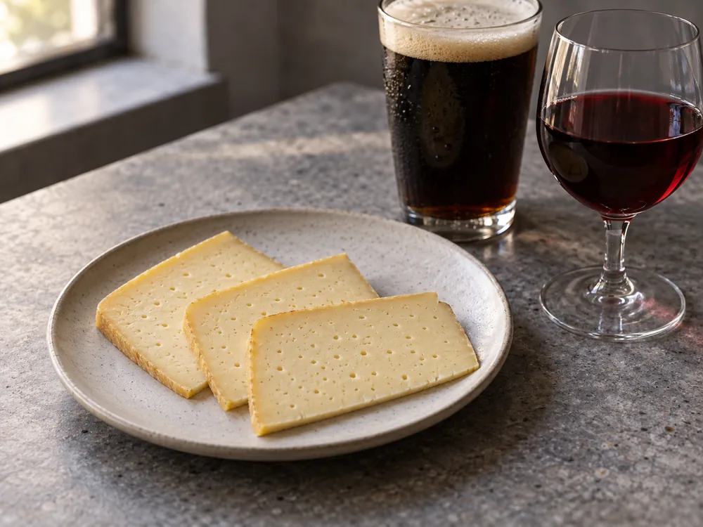 Three thin slices of semi-soft cheese with small holes beside a glass of dark beer and a glass of red wine - Esrom cheese | KnowTheCheese