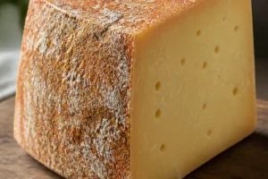 Wedge of Etorki cheese showing its rusty, bumpy natural rind and golden-ivory paste - Etorki cheese | KnowTheCheese