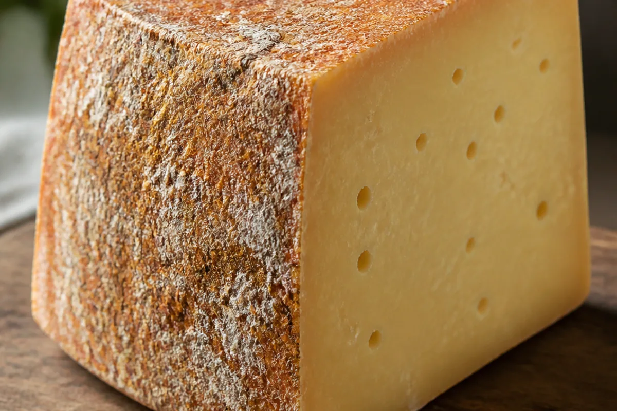 Wedge of Etorki cheese showing its rusty, bumpy natural rind and golden-ivory paste - Etorki cheese | KnowTheCheese