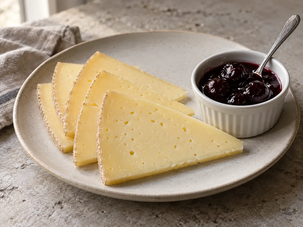 Illustration of slices of pale golden sheep's milk cheese beside a ramekin of black cherry preserve - Etorki cheese | KnowTheCheese