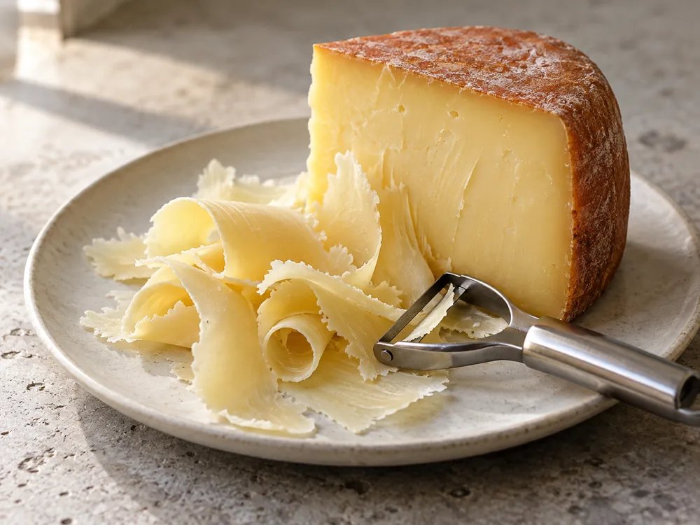 Illustration of thin ribbons of pale golden sheep's milk cheese shaved with a vegetable peeler - Etorki cheese | KnowTheCheese