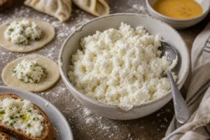 Farmer cheese-style fresh curds in a bowl with dough, toast, herbs, flour dust, and spoon - Farmer cheese | KnowTheCheese