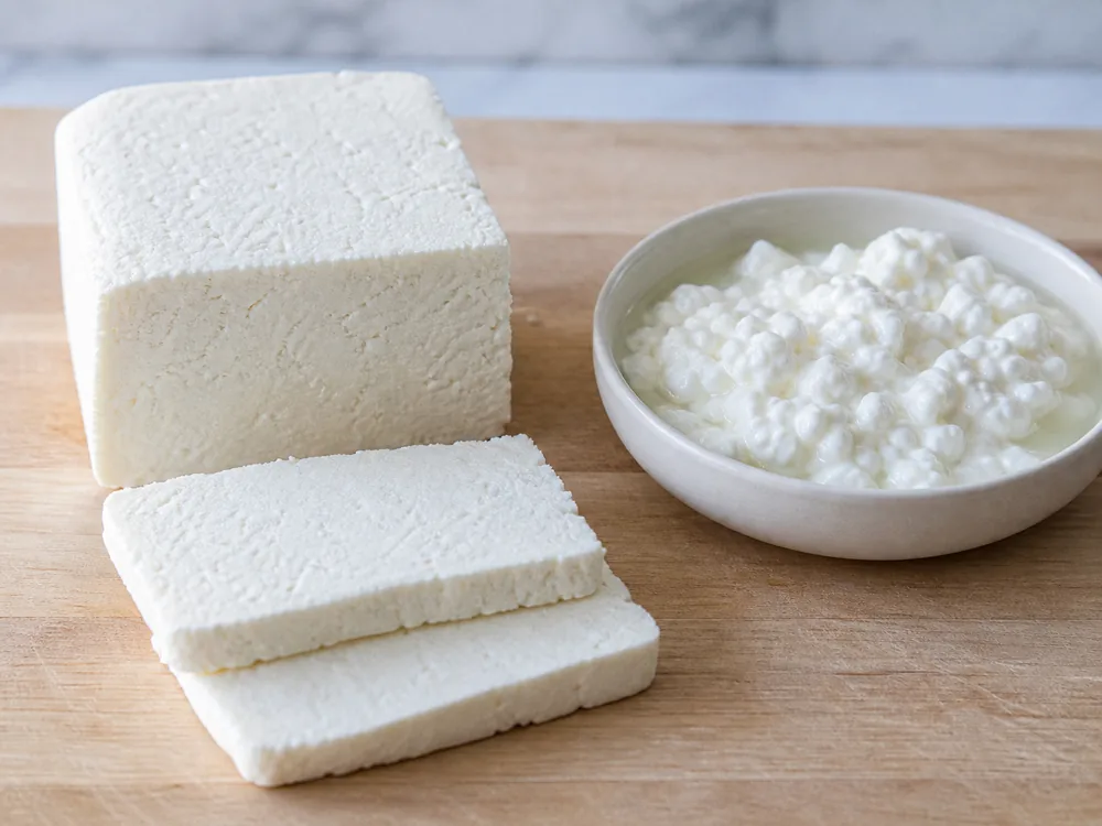 Pressed farmer cheese slices beside loose cottage cheese curds - Farmer Cheese | KnowTheCheese