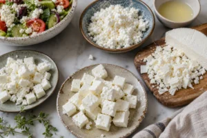 Crumbly white cheeses arranged as Feta substitutes - Feta substitutes | KnowTheCheese