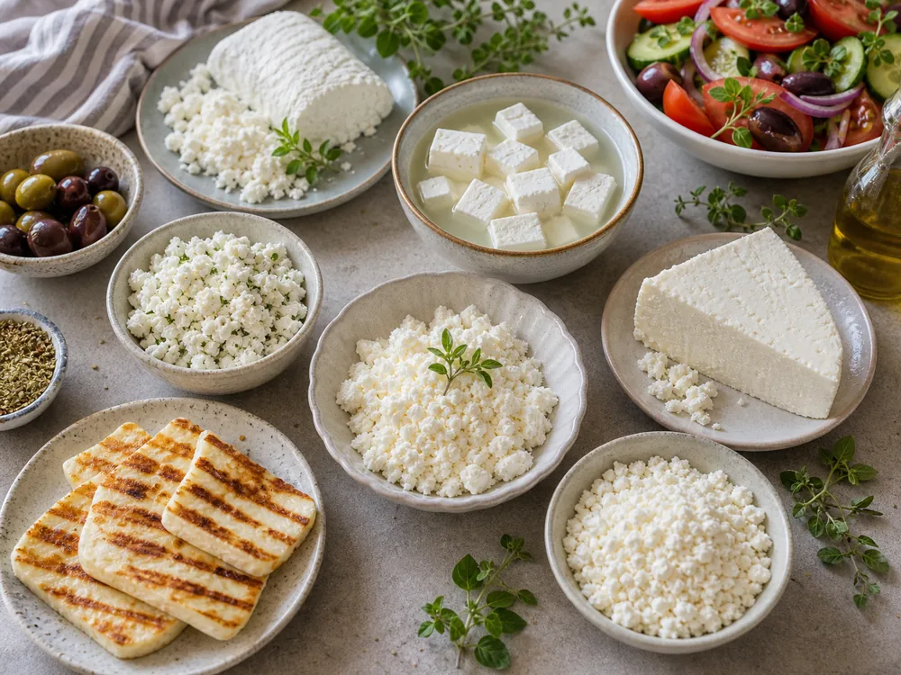 Feta substitute spread with goat cheese crumbles, halloumi-style slices, ricotta salata-style wedge, white brined cubes, and salad vegetables