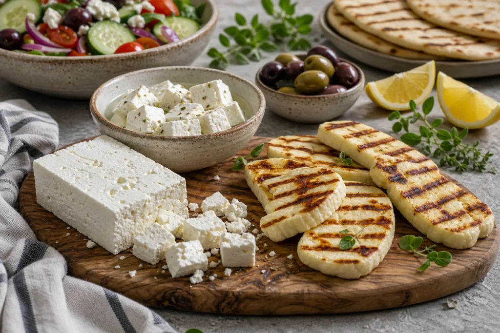 Feta cubes and grilled halloumi slices on a Mediterranean board.