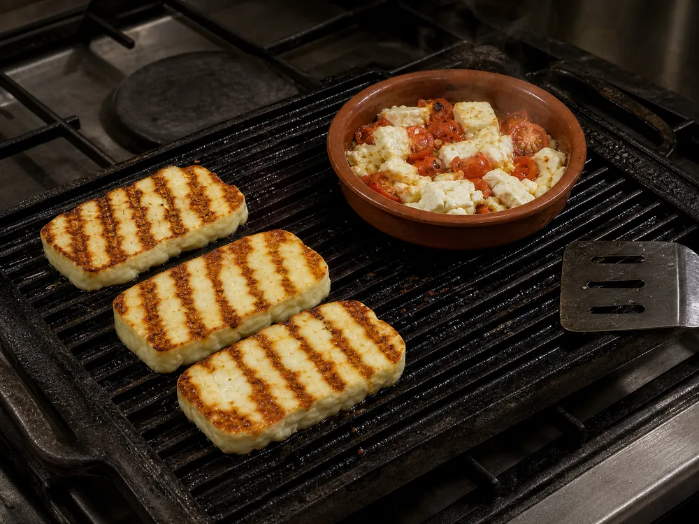 Halloumi slices searing on a ridged griddle beside feta chunks softening with tomatoes - Feta vs Halloumi | KnowTheCheese
