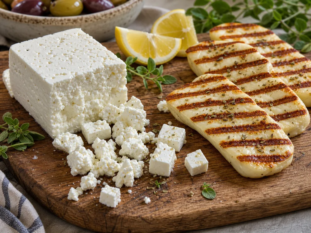 Crumbled feta beside grilled halloumi slices with lemon.