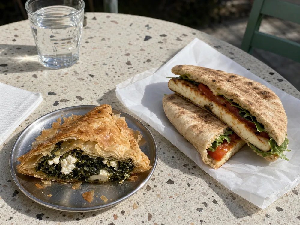 Spinach pastry with feta pockets beside a pita sandwich with a browned halloumi slab - Feta vs Halloumi | KnowTheCheese