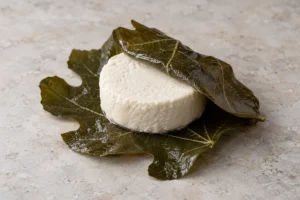 Small soft cheese disk resting on wine-soaked fig leaves - Figaro cheese | KnowTheCheese