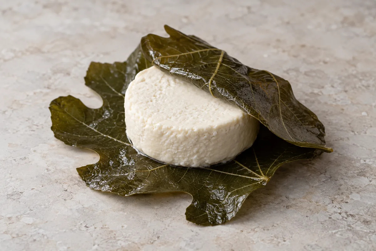 Small soft cheese disk resting on wine-soaked fig leaves - Figaro cheese | KnowTheCheese