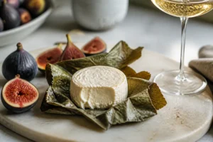 Small leaf-wrapped California cheese with figs and sparkling wine - Figaro cheese | KnowTheCheese