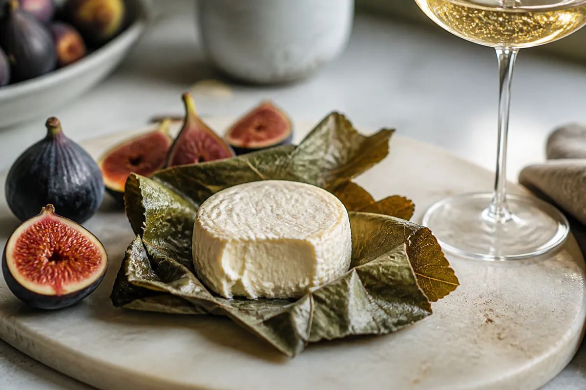 Small leaf-wrapped California cheese with figs and sparkling wine - Figaro cheese | KnowTheCheese