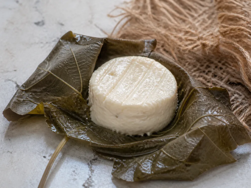 Small soft cheese revealed from a wine-steeped fig leaf - Figaro cheese | KnowTheCheese