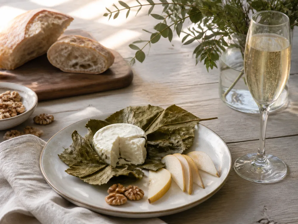 Leaf-wrapped Figaro cheese with pear walnuts bread and sparkling wine - Figaro | KnowTheCheese